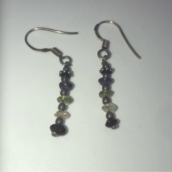 VTG Sterling Amethyst Peridot Clear Quartz &Garnet Stone Earrings 1.5” - Picture 3 of 4